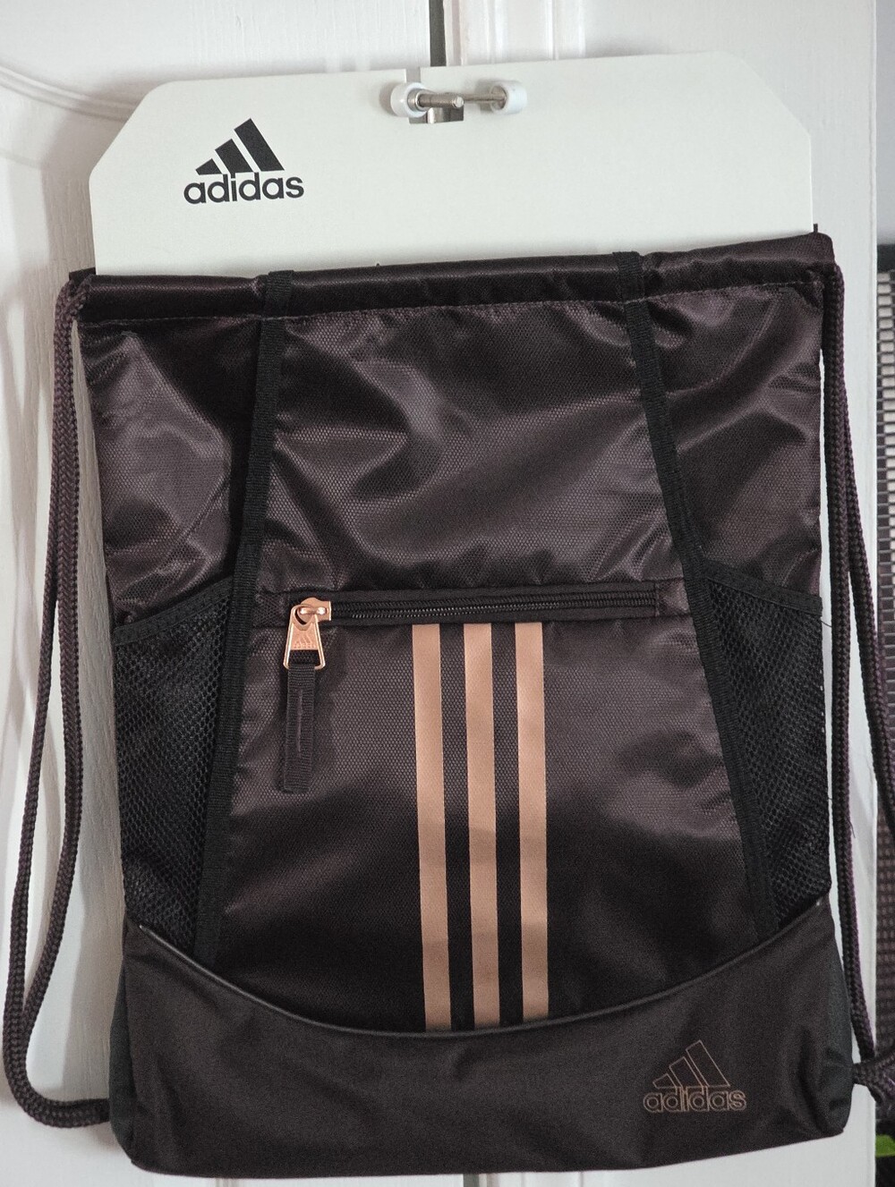 Adidas Drawstring Backpack with Rose Gold Stripes